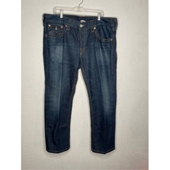 True Religion Billy Seat 34 Blue Stitching FlapPocket Straight Jeans Men Size 38 - Picture 1 of 14